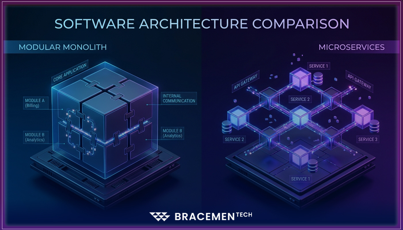 3D digital illustration comparing a complex distributed microservices network against a structured modular monolith SaaS architecture under a dark-mode theme with vibrant electric blue and violet gradients